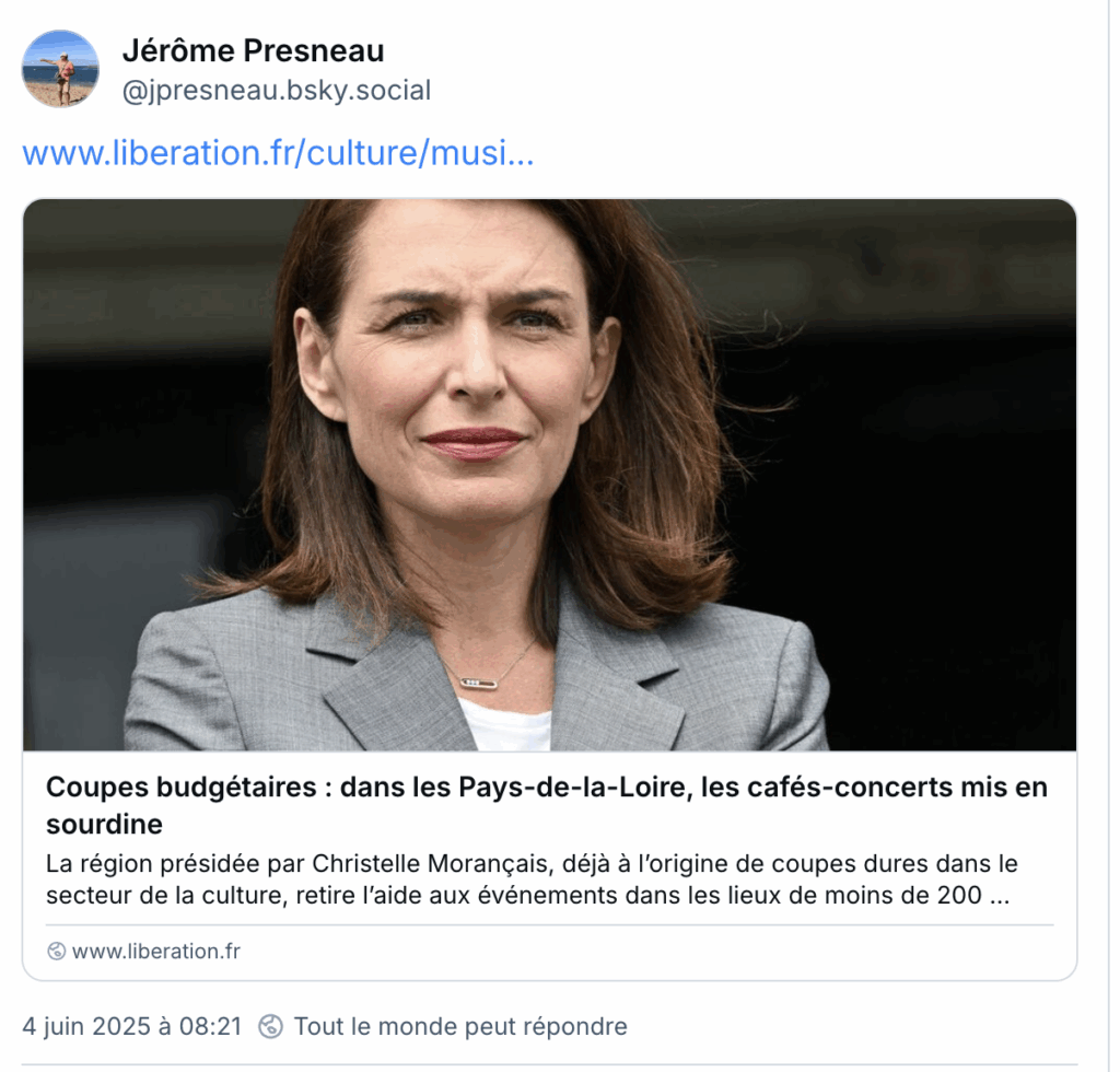 Coupes budgétaires pour les cafés-concerts en Pays de Loire par Christelle Morançais, Présidente de Région Hotizons, le parti d'Edouard Philippe.